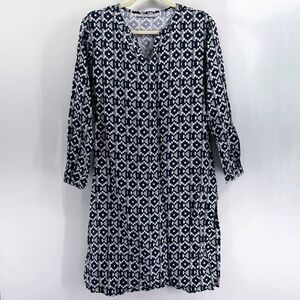 BRYN Walker Blue Ikat Linen Tunic Midi Dress Long Sleeve V-Neck Lightweight